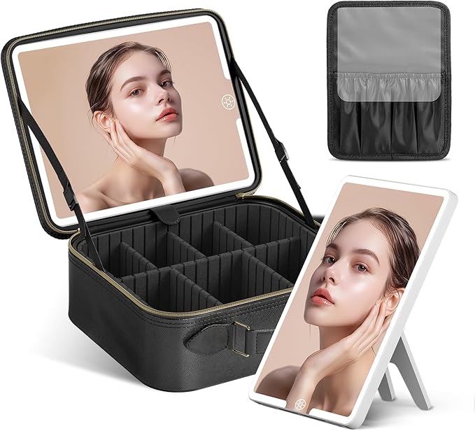 JUSRON Travel Makeup Bag With LED Mirror, Cosmetic Train Case with Light up Mirror, Portable Makeup Artist Organizer Bag with Adjustable Dividers, Makeup Brush Holder Storage (Black, Medium)