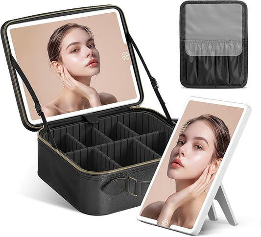 JUSRON Travel Makeup Bag With LED Mirror, Cosmetic Train Case with Light up Mirror, Portable Makeup Artist Organizer Bag with Adjustable Dividers, Makeup Brush Holder Storage (Black, Medium)