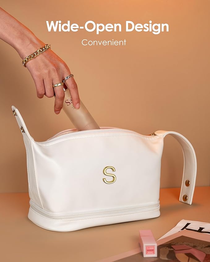 Girlfriend Gifts, Personalized Makeup Bag with Handle, Initial Double Layer Cosmetic Bag with Makeup Brush Organizer, PU Leather Travel Toiletry Bag Gifts for Women Her Friend Sister Mom Gift