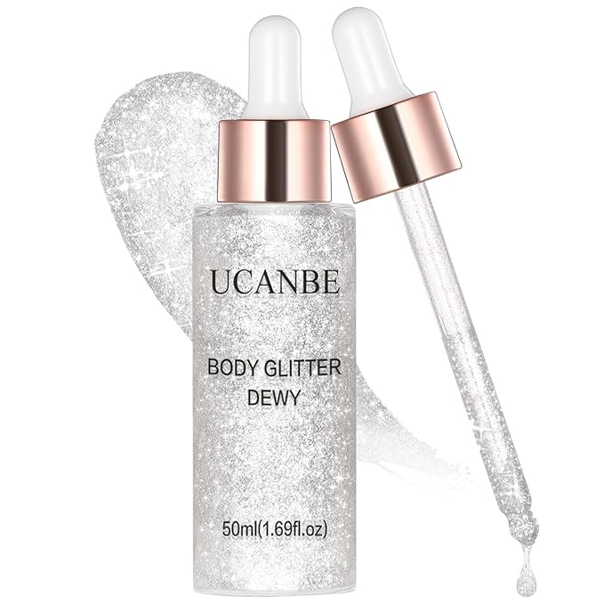 Liquid Glitter Highlighter Glow Drops – Face Highlighter & Body Shimmer Makeup, Illuminating Radiant Glow for Festival Rave Party, Long Lasting 02 Silver Fairy White