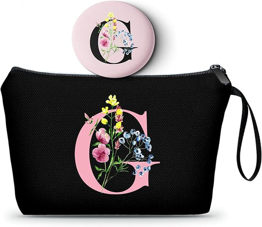 SEAMOON Women Birthday Unique Initial Funny Gifts for Teenage Girl Sister Friends Bridesmaid Personalized Travel Make up Cosmetic Bag with Mirror Valentines Mothers Day Christmas Graduation G