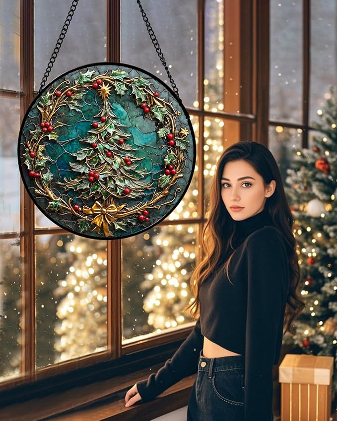 Stained Glass Window Hangings - Red Gold Green Wreath Suncatcher for Door Home Christmas Tree Decoration Sun Catcher Thanksgiving New Year Birthday Gift for Women Men Mom Grandma 11.8 in
