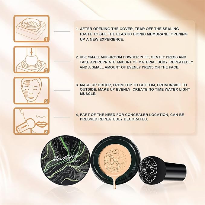 Mushroom Head Air Cushion CC Cream Foundation Full Coverage Moisturizing Oil Control Waterproof Long-Lasting Even Skin Tone Natural Cream Foundation for Mature Skin (Buff Beige)