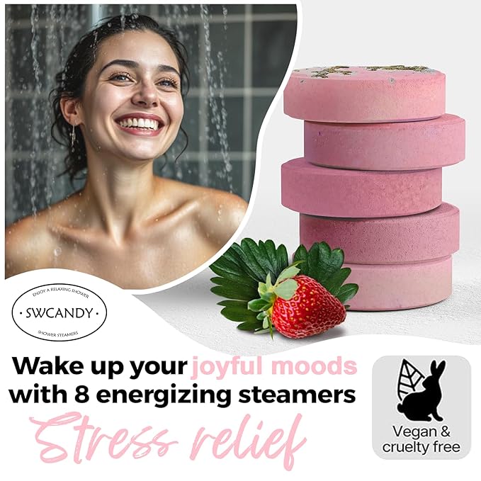 Shower Steamers Aromatherapy Birthday Gifts for Women - SWCANDY 8 Pcs Stocking Stuffers Gifts for Adults Mom Men Teen Self Care with Natural Essential Oils Relaxation Home SPA Christmas Strawberry