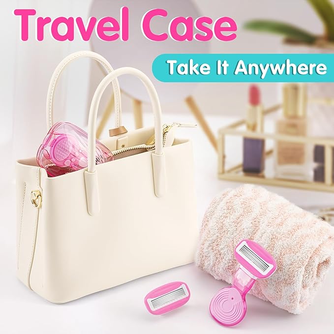 DreamGenius Travel Razors for Women, Travel Size Toiletries Include 1 Handle and 2 Cartridges, Extra Smooth 5-Blade Travel Essentials Razor with Case for Shaving, Pink