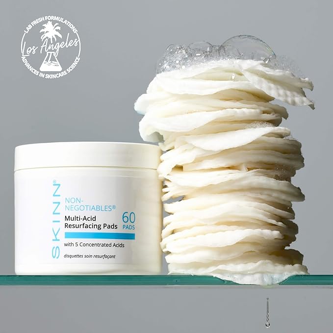 SKINN Multi-Acid Resurfacing Pads, with Glycolic, Lactic & Salicylic Acid, 60 Pads - Witch Hazel Chemical Peel for Face, Neck & Decollete Exfoliates, Brightens & Tones Skin, for Fine Lines & Wrinkles