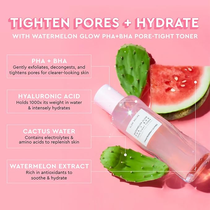 Glow Recipe Full-Size Routine Kit - Avocado Cleanser (150ml) + Watermelon BHA+PHA Toner (150ml) + Pink Juice Moisturizer (50ml) + Niacinimide Hue Drops (40ml)