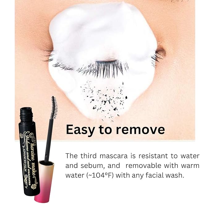 HEROINE MAKE by KISSME Tubing Mascara Waterproof & Long-lasting, Waterproof Mascara Black for Volumizing & Curl with Curvy Brush Advanced Film, 6 Natural Serums for Sensitive Skin, Made in Japan 2 EA