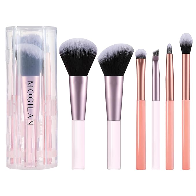 Travel Makeup Brush Set – Portable 6PCS Mini Cosmetic Brushes for Foundation, Concealer, Eyeshadow, Blush, Powder, Contour & Highlight, On-the-Go Makeup Brush Kit with Travel Case