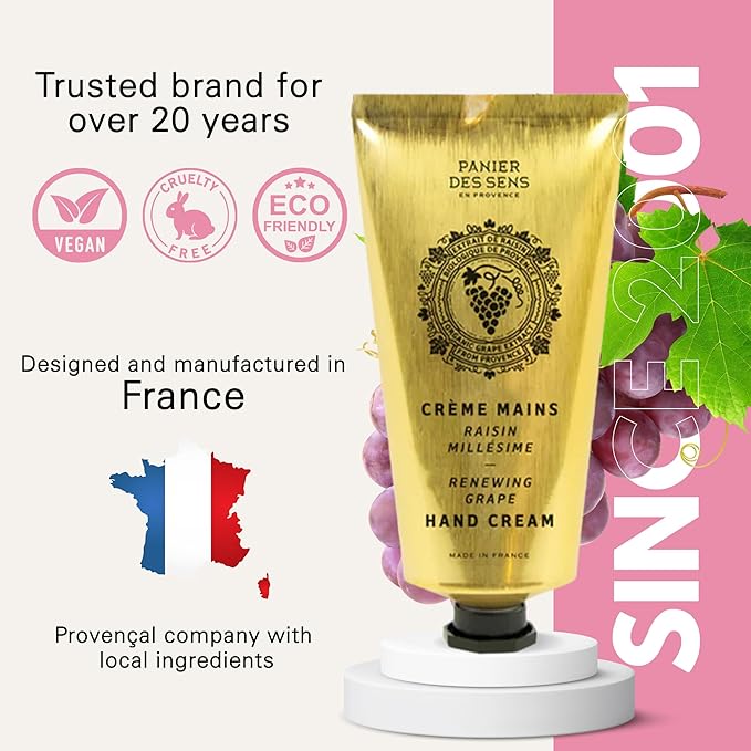 Panier des Sens - Hand Cream for Dry Cracked Hands - Grape Hand Lotion with Shea Butter & Grape Seed Oil - Vitamin E Skin Moisturizer with 97% Natural Ingredients - Made in France, 2.5 fl oz