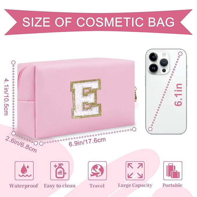 Personalized Initial A-Z Preppy Patch Makeup Bag,Small PU Chenille Letter Cosmetic Bag with Zipper for Teen Girls,Pink Cute Toiletry Organizer Bag,Monogram Makeup Case Gift for Women Girls,Letter E