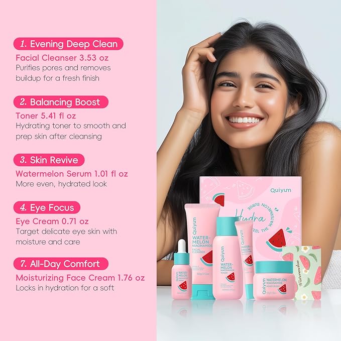 Watermelon Niacinamide Skin Care Set, Routine Beauty Skin Care for Teens- Gift Set with Cleanser, Toner, Eye Cream, Cream, Serum, Facial Glow Up Set for Women, Girls, Travel Sets, for All Skin Types