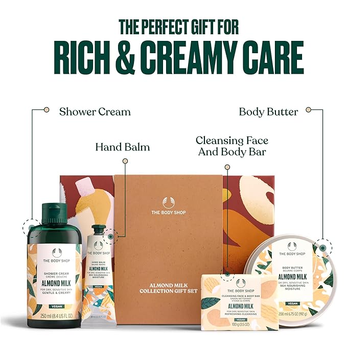 The Body Shop Almond Milk Collection Gift Set - 4 Piece Set, Shower Cream, Body Butter, Bar Soap, Hand Balm, Vegan