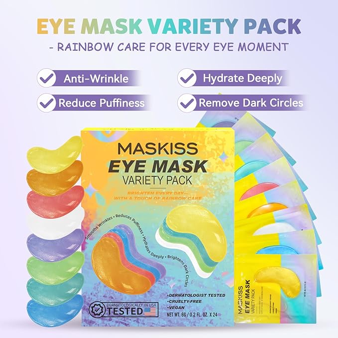 Under Eye Patches Variety Pack (24 Pairs), Eye Masks for Dark Circles Puffy Eyes Undereye Bags With 8 Colors (3 Pairs/Color), Vegan Eye Skin Care Set for Bachelorette Party Favors