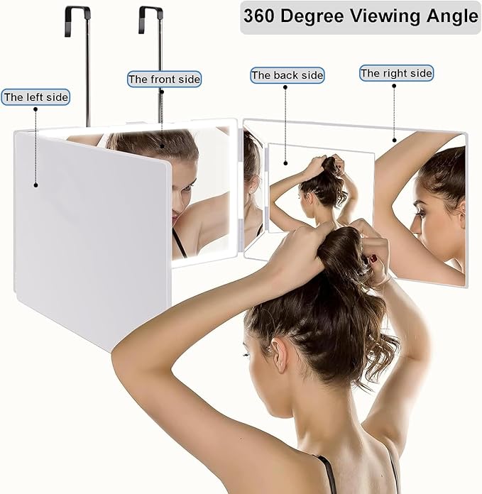 Vanexiss Rechargeable 3 Way Mirror for Hair Cutting, Real Glass Adjustable Trifold Mirror with 3 Color Temps LED Light & Telescoping Hooks for Makeup, Shaving & Styling(White)
