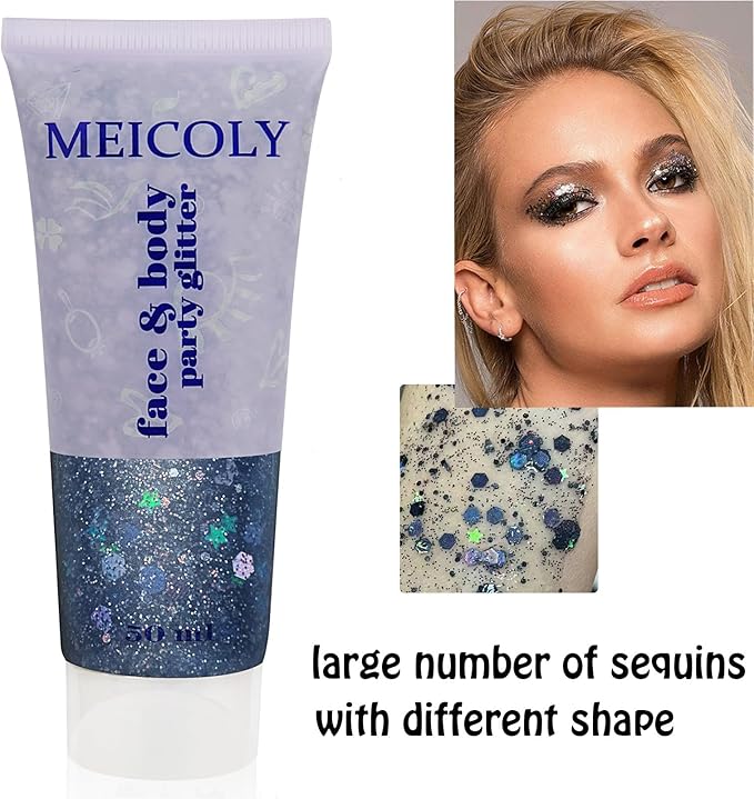 MEICOLY Black and Clear White Face Body Glitter Set,Mermaid Face Glitter Gel,Singer Concerts Festival Rave Accessories,Chunky Sequins Glitter Face Paint for Women and Kids,Sparkling Glitter Makeup