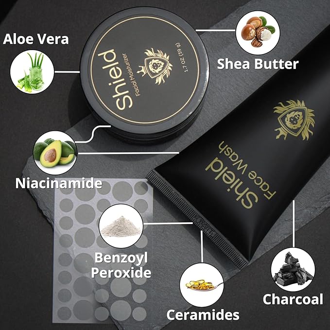 Acne System for Men and Boys, Face Wash, Moisturizer, Pimple Patches, Shield Men's Skin Care Set (4 Months)