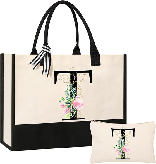 AYGE Personalized Initial Canvas Beach Tote, Monogrammed Gifts for Women, Makeup Bag, Birthday Gifts for Sister, Mom, Teacher, Bridesmaid