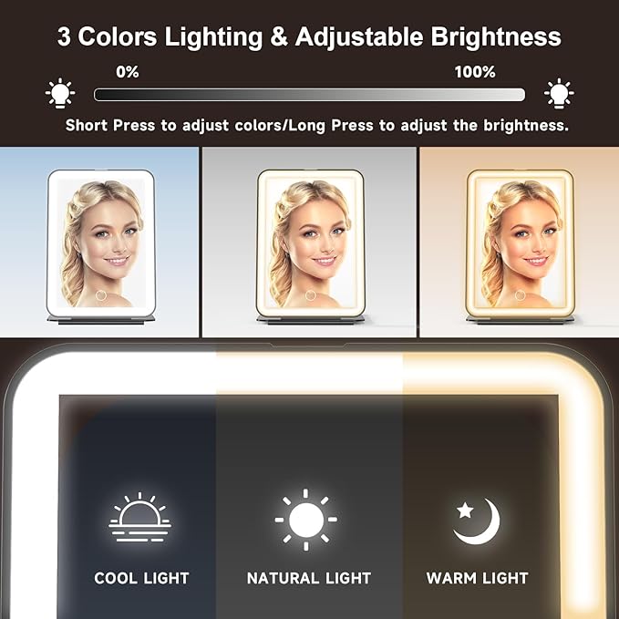 Mocado LED Foldable Travel Makeup Mirror - 5x7 inches 3 Colors Light Modes USB Rechargeable Touch Screen, Portable Tabletop Cosmetic Mirror for Travel, Cosmetic, Office (Black)