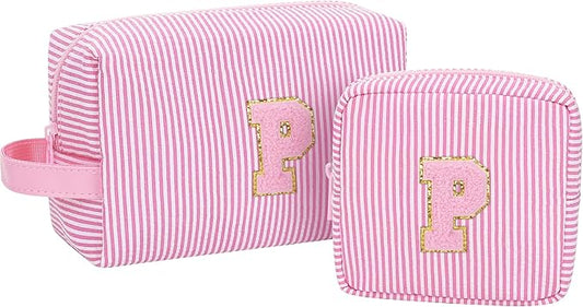 MONSTINA Period Bag Sanitary Napkin Storage Bag|Tampon Pouch Portable Feminine Care First Period Kit for Teen Girls Women Gift for Her Monogram Initial Cute Toiletry Bag,2PCS Pink P