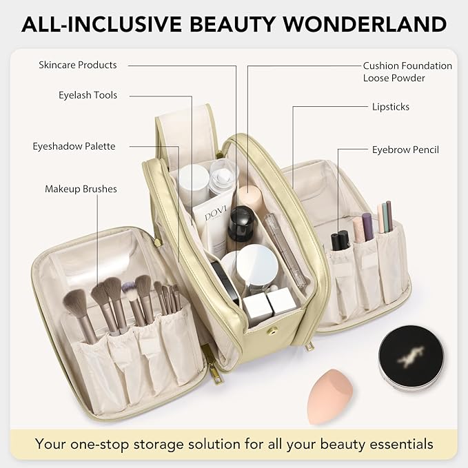 Travel Makeup Bag Women's Large Capacity Cosmetic Portable Organizer Large Opening Waterproof Storage Toiletry Bags Vertical Free-Standing Brush Holder for Easy Access Gold