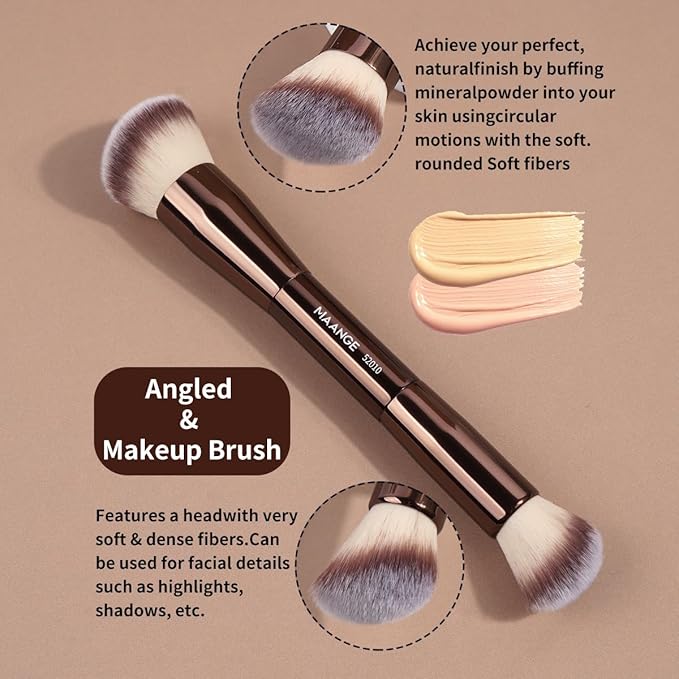 MAANGE 15 PCS Makeup Brushes Double-ended Makeup Brush Set Double Sided Angled/Round Top Brush Foundation Contour Blending Eyebrow Eyeshadow Concealer (Coffee)