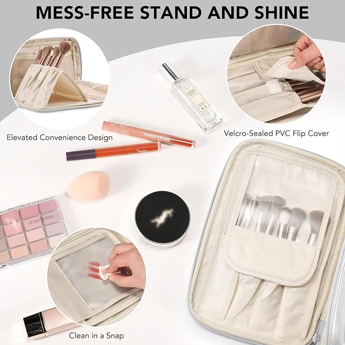 Travel Makeup Bag Women's Large Capacity Cosmetic Portable Organizer Large Opening Waterproof Storage Toiletry Bags Vertical Free-Standing Brush Holder for Easy Access Silver