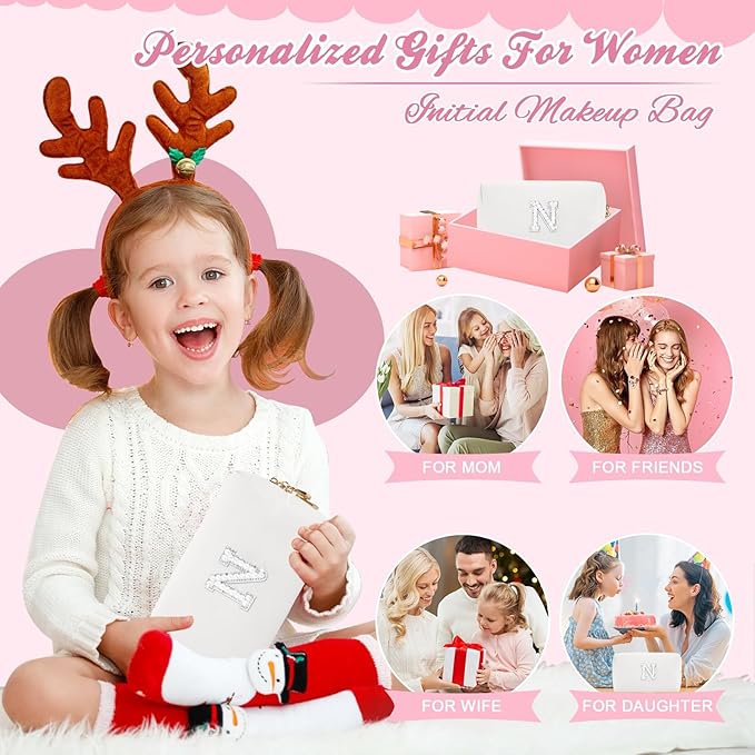 Bride Gifts – Personalized Initial Makeup Bag with Pearl Rhinestone Patch, Preppy White Monogram Cosmetic/Toiletry Pouch, bridesmaid Gifts, Bridal Shower Gifts, Wedding Gifts, Bridal Gifts,N