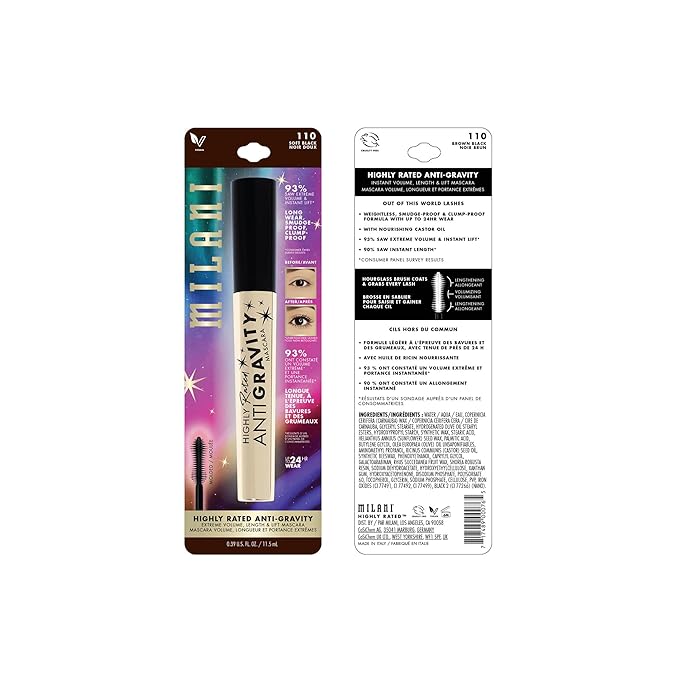 Milani Mascara Volume and Length, Highly Rated Anti-Gravity Brown Black Shade with Castor Oil and Molded Hourglass Shaped Lash Coating Mascara Wand