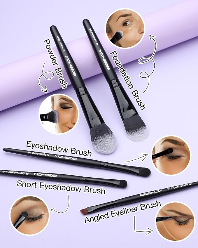 EIGSHOW 5Pcs Everyday Makeup Brush Set for Foundation Powder Eyeshadow Eyeliner, Vegan & Cruelty-Free, Travel Basic Make Up Brushes Kit for Women - Black