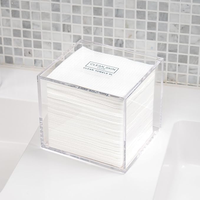 CLEAN SKIN CLUB Clear Acrylic Box for Clean Towels XL (NOT Included), Container For 50 Disposable Clean Towels XL, Face Towelettes Bathroom Counter Storage, Bin for Cleansing Facial Dry Wipes