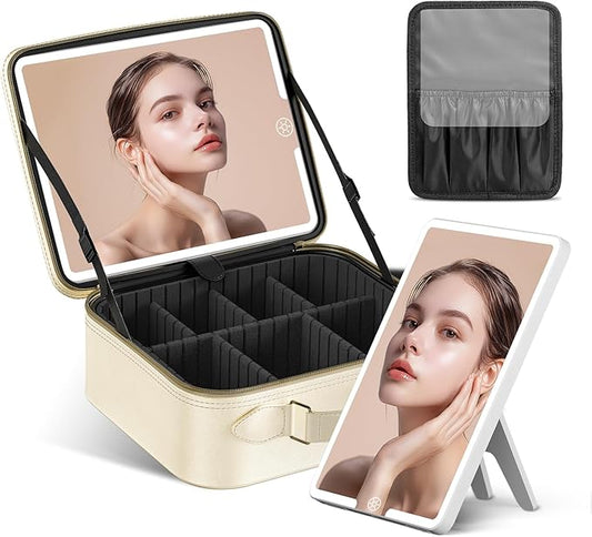 JUSRON Travel Makeup Bag With LED Mirror, Cosmetic Train Case with Light up Mirror, Portable Makeup Artist Organizer Bag with Adjustable Dividers, Makeup Brush Holder Storage (White, Medium)