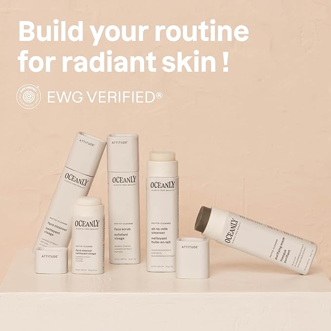 ATTITUDE Oceanly Oil-to-Milk Face Cleanser Stick, EWG Verified, Plastic-free, Plant and Mineral-Based Ingredients, Vegan and Cruelty-free Beauty Products, PHYTO CLEANSE, Unscented, 1 Ounce