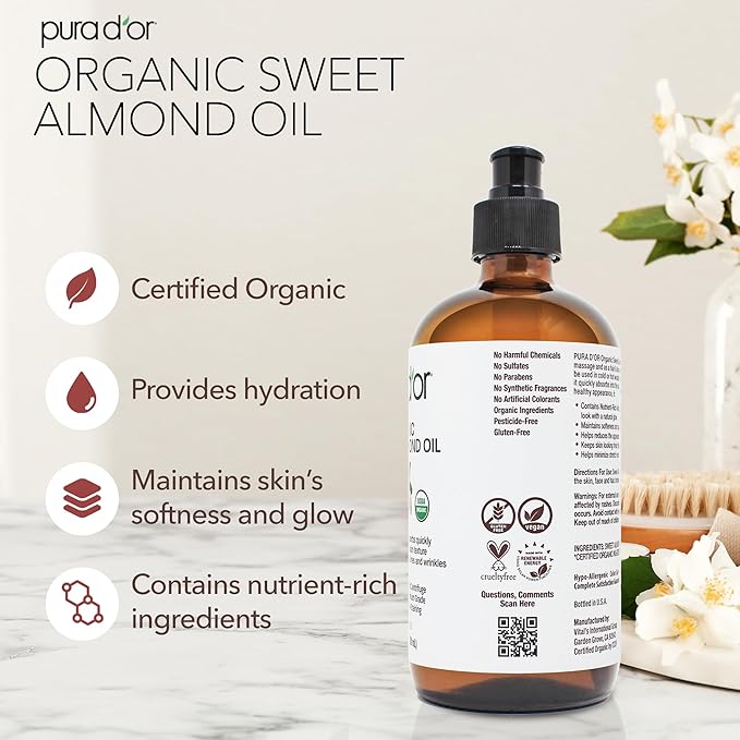 PURA D'OR 16.9 Oz ORGANIC Sweet Almond Oil (GLASS BOTTLE) 100% Pure & Natural USDA Certified Cold Pressed Carrier Oil For DIY Beauty - Non-Greasy, Unscented, Hexane Free Moisturizer - For Hair & Skin
