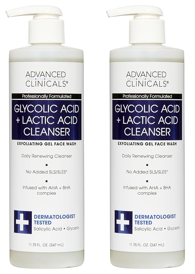 Advanced Clinicals Glycolic Acid Exfoliating Face Wash For Women & Men | Lactic Acid & Salicylic Acid Facial Cleanser | Glycerin Gel Gleanser Helps Gently Exfoliate & Cleanse Dirt & Oil, 2-Pack