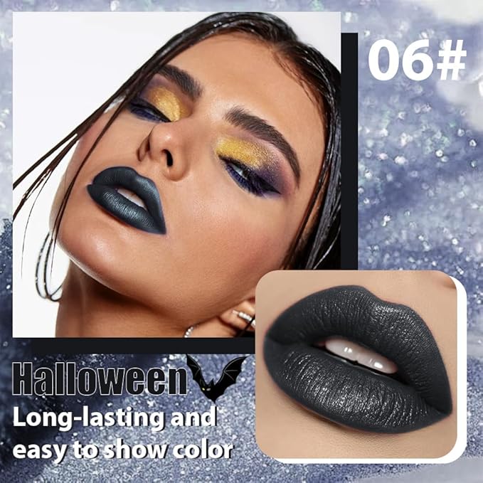 Gray Black Metallic Lipstick for Women,Glitter Sparkling Liquid Lipstick,Long Lasting Waterproof Lightweight Comfortable Non-Drying Bold Dark Lip Gloss for Gothic Stage Makeup,Vegan