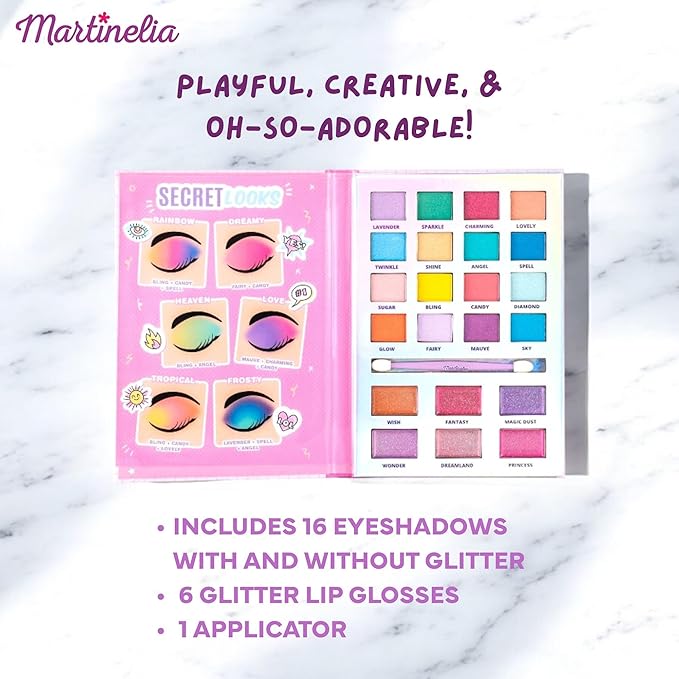 Martinelia Super Girl My Secret Diary Kids Makeup Set- Vanity Kit with Brushes, Eyeshadow, Blush & Lip Gloss- Non Toxic Play Make Up for Girls 5-12