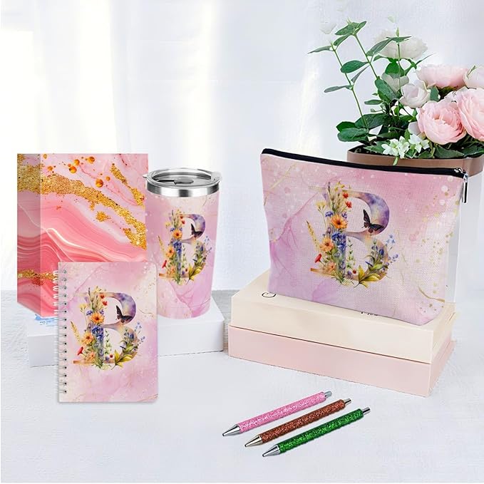 Personalized Gifts Monogrammed Birthday Gifts for Women, Cowerker Mom Boss Day Christmas Initial 20 oz Tumbler, Makeup Bag Cup Ballpoint Pens Journal Notebook 6 Set, (Aesthetic Pink Flower B)