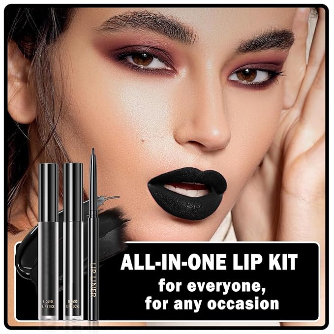 3 in 1 Black Lip Liner Pencil and Lipstick lipgloss Set Matte Black Lipstick Lip Gloss Kit Long-lasting Nonstick Cup Smudge Proof Lip Kits with Lip Liner,Velvet Goth Makeup (12#Black Magic)