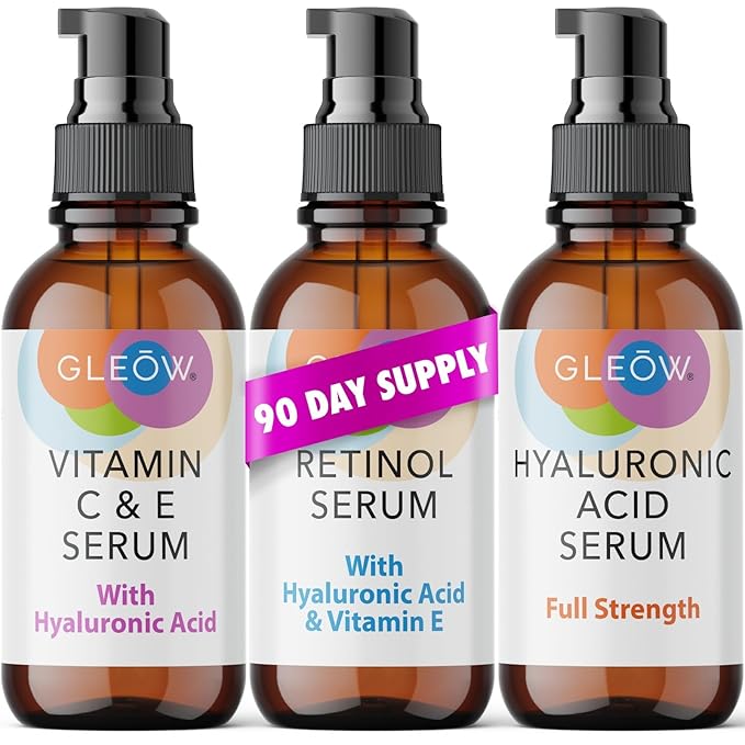 GLEOW Retinol Serum for Face, Vitamin C with Hyaluronic Acid Face Serum for Women and Men, Glow Total Package Skin Care Set, Targets Appearance of Uneven Skin Tone and Dryness 3x2 oz