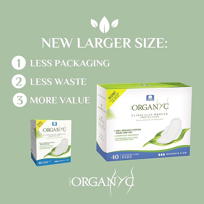 Organyc - 100% Certified Organic Cotton Inside and Out Feminine Pads, Sanitary Napkin 40 Count, Moderate Flow, Regular Absorbency, New Larger Size Packaging