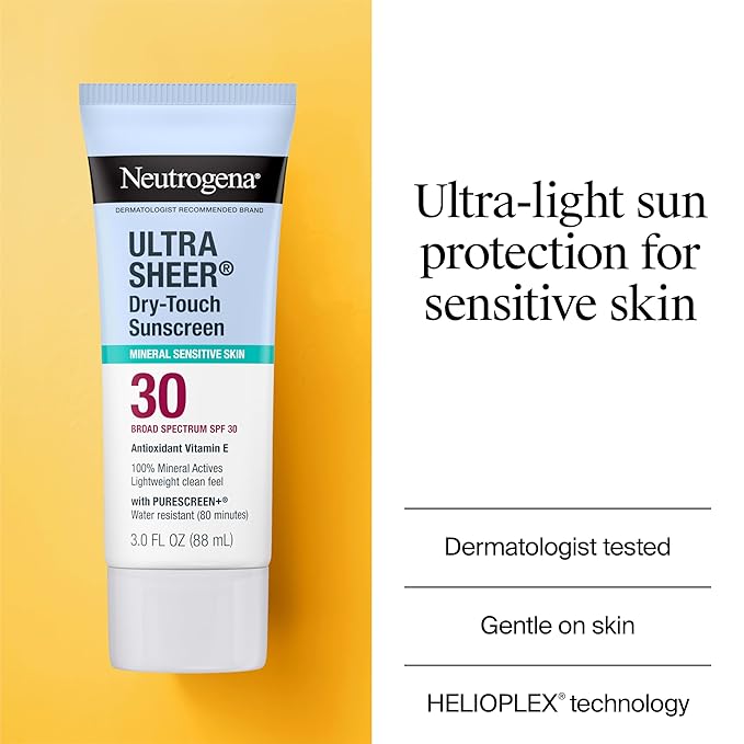 Neutrogena Ultra Sheer Dry-Touch Mineral Sunscreen For Face & Body, SPF 30 Broad-Spectrum UVA/UVB Protection, Titanium Dioxide & Zinc Oxide Sunscreen, Oxybenzone-Free, 3.0 fl. oz