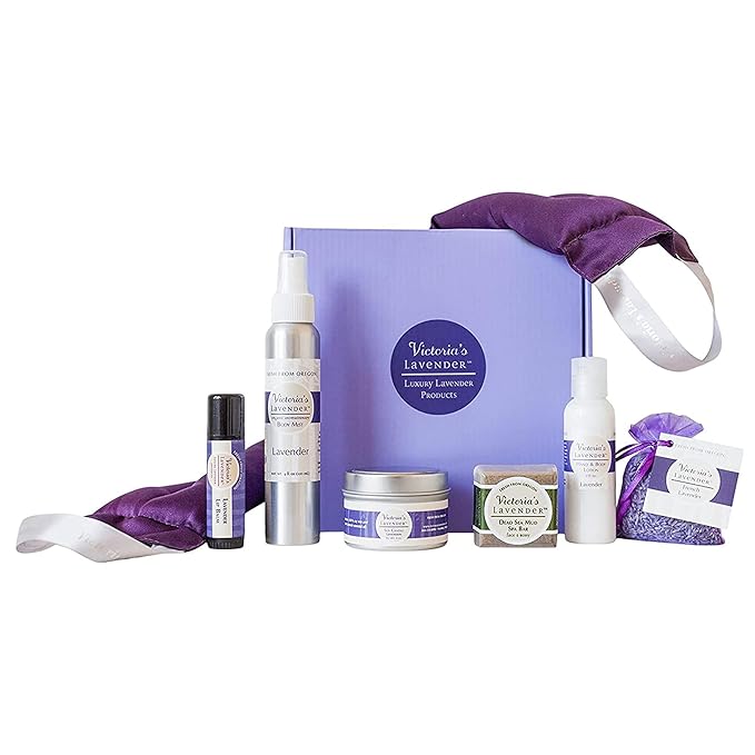 Victoria's Lavender Luxury Gift Basket for Women - Neck Wrap, Body Mist, Hand & Body Lotion, Lip Balm, Soy Candle, Mud Spa Bar & Lavender Sachet, Skin Care Sets, Made in USA Beauty Products For Women