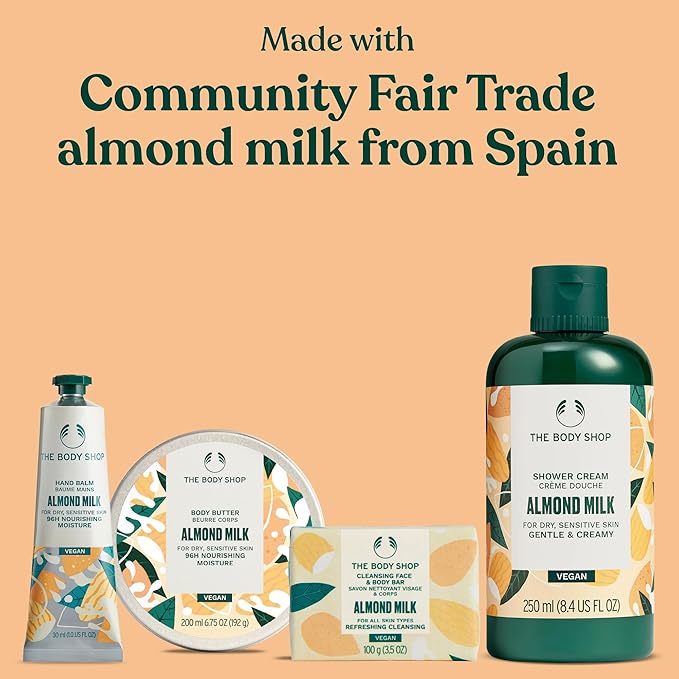 The Body Shop Almond Milk Collection Gift Set - 4 Piece Set, Shower Cream, Body Butter, Bar Soap, Hand Balm, Vegan