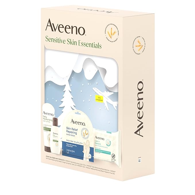 Aveeno Sensitive Skin Essentials Gift Set with Daily Moisturizing Lotion, Daily Moisturizing Body Wash, Calm + Restore Makeup Removing Wipes, & Skin Relief Repairing Hand Mask, 4 items