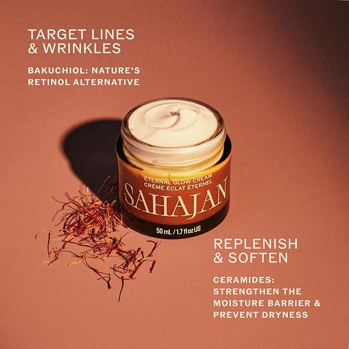 Sahajan Eternal Glow Cream with Vitamin C, Bakuchiol, Ceramides + Saffron | Clinically-Proven Clean Ayurvedic Lightweight Moisturizer | Moisture Barrier, Fine Lines & Wrinkles | 1.7 oz