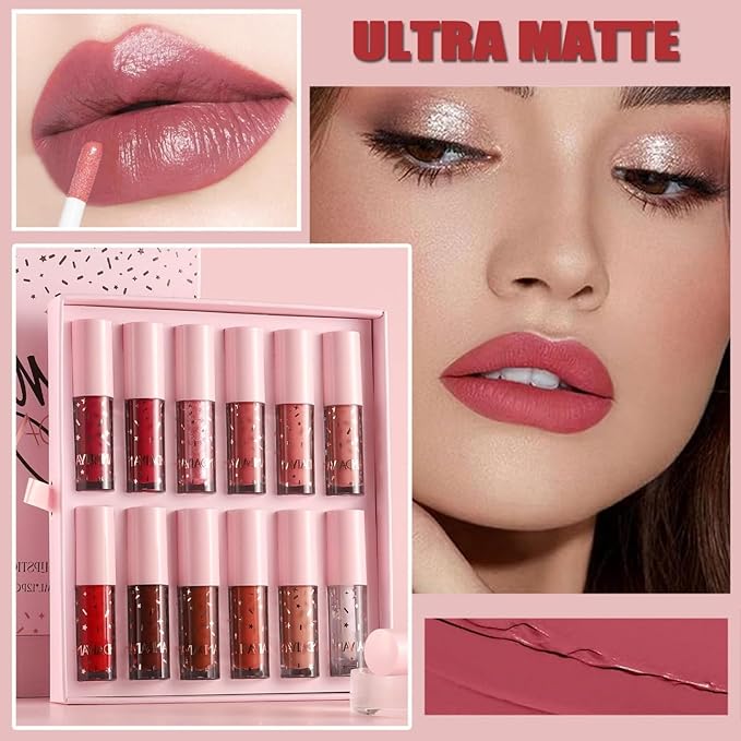 MAEPEOR 12Pcs Velvet Matte Liquid Lipstick Set Waterproof Long Lasting Quick-drying Non-Stick Cup Nude Lip Stain Kit
