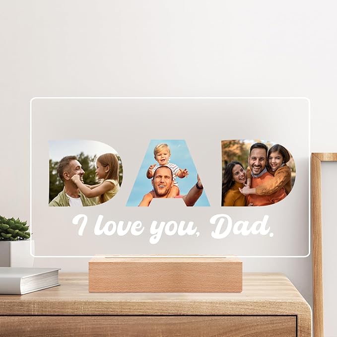 Custom Dad Picture Frame with Photo, Personalized Photo Frame with Night Light, Customized Picture Frames, Personalized Christmas Birthday Gifts for Dad from Daughter & Son