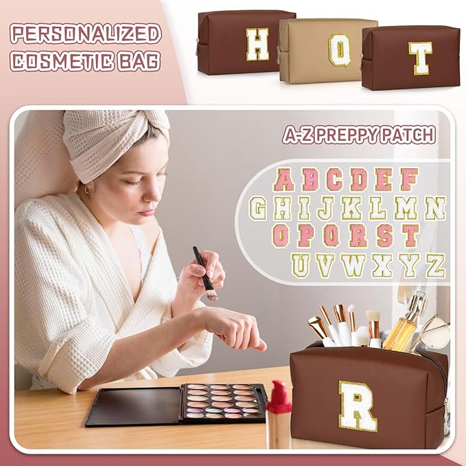 TOPEAST Birthday Gifts for Girls, Travel Makeup Bag Chenille Letter Pouch Cosmetic Bag, Makeup Travel Organizer, Monogrammed Bridesmaid Gifts for Women, Cute Stuff for Girls (Brown J)