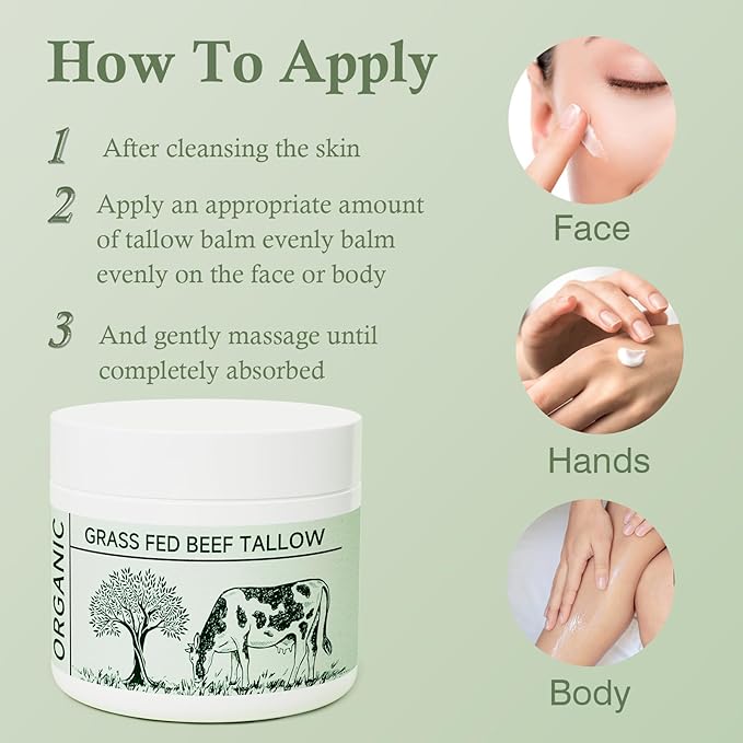 Beef Tallow, Tallow Face Moisturizer, Beef Tallow for Skin, Unscented 100% Organic Beef Tallow Blam Grass Fed Finished Whipped Tallow Face Cream Moisturizer Body Lotion Skin Care for Sensitive Skin